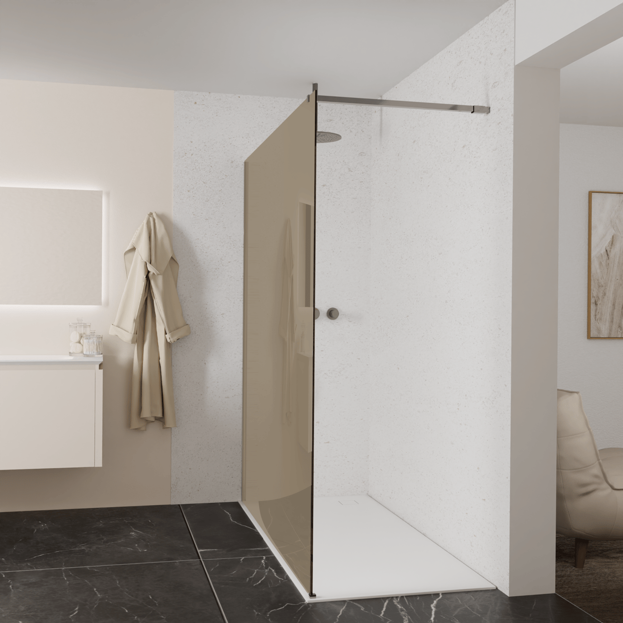 Balmani Modular douche à l'italienne: 180 x 200 cm, Verre bronze, avec coating, Profil Brushed GunMetal