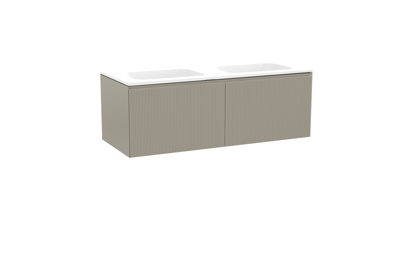 Balmani Fila hängendes Möbelstück Set: 135 x 55 cm, Steingrau, mit Tablo Strada Doppelwaschtisch, Marmorkomposit, Weiß matt, Vertikale symmetrische gerade Rippe