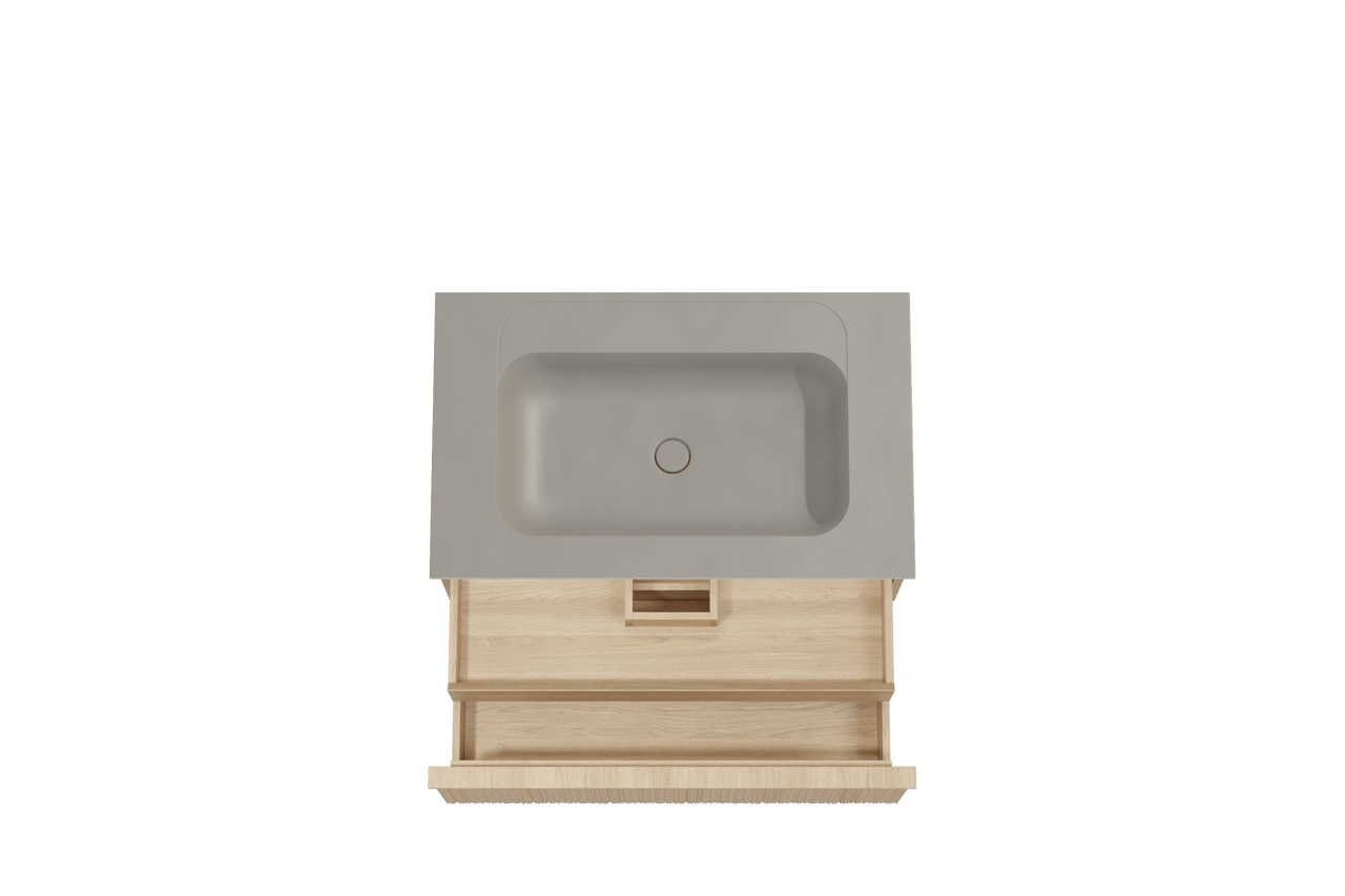 Balmani Forma zwevend badkamermeubel 90 x 55 cm natuur eik met Tablo Strada enkele wastafel in composietmarmer zijdegrijs, Verticale asymmetrische ronde ribbel