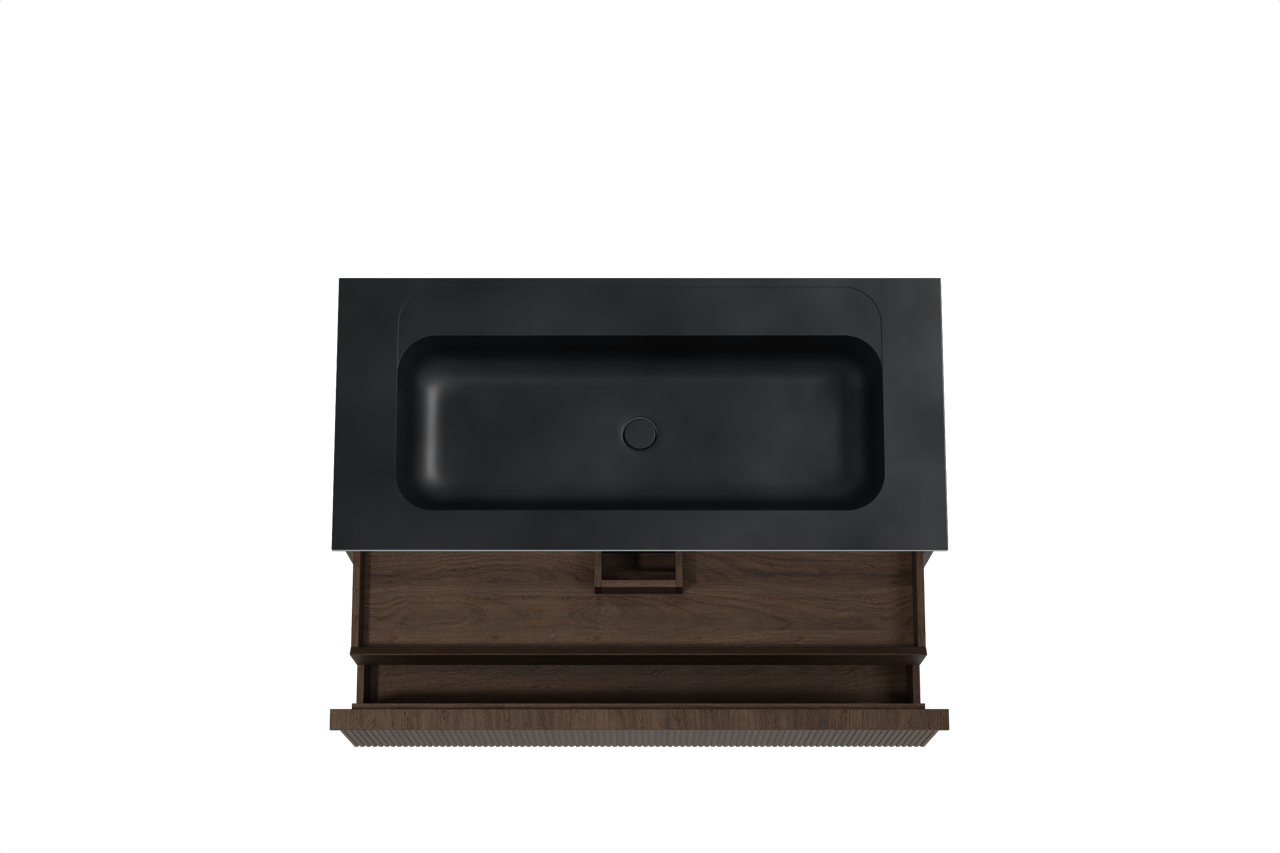 Balmani Forma zwevend badkamermeubel 120 x 55 cm gerookte eik met Tablo Strada enkele wastafel voor 2 kraangaten in composietmarmer mat zwart, Verticale symmetrische rechte ribbel