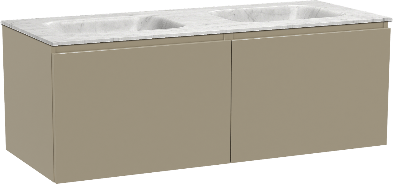 Balmani Sfera hängendes Möbelstück Set: 135 x 55 cm, Dune, mit Tablo Arcato Doppelwaschtisch, Marmor Carrara