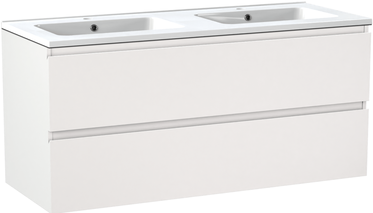 Linie Lado meuble salle de bains suspendu 120 x 46 cm blanc mat avec Vano double vasque en marbre composite blanc brillant