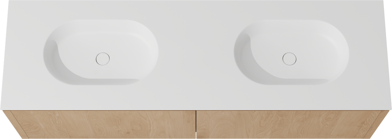 Balmani Eclips meuble salle de bains suspendu 180 x 55 cm Chêne naturelle avec Tablo Oval double vasque en Solid Surface blanc mat