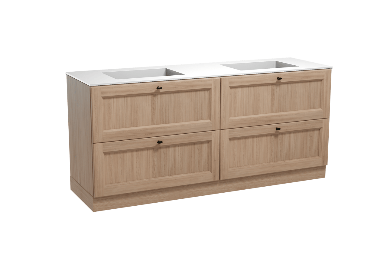 Balmani Lemon staand badkamermeubel 180 x 55 cm verweerde eik met Tablo Stretto dubbele wastafel in solid surface mat wit