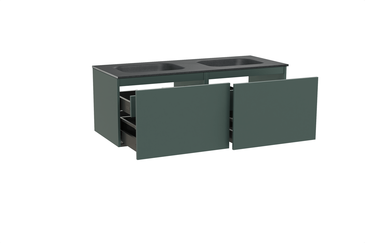 Balmani Sfera hängendes Möbelstück Set: 135 x 55 cm, Forest, mit Tablo Arcato Doppelwaschtisch, Schwarzes Granit
