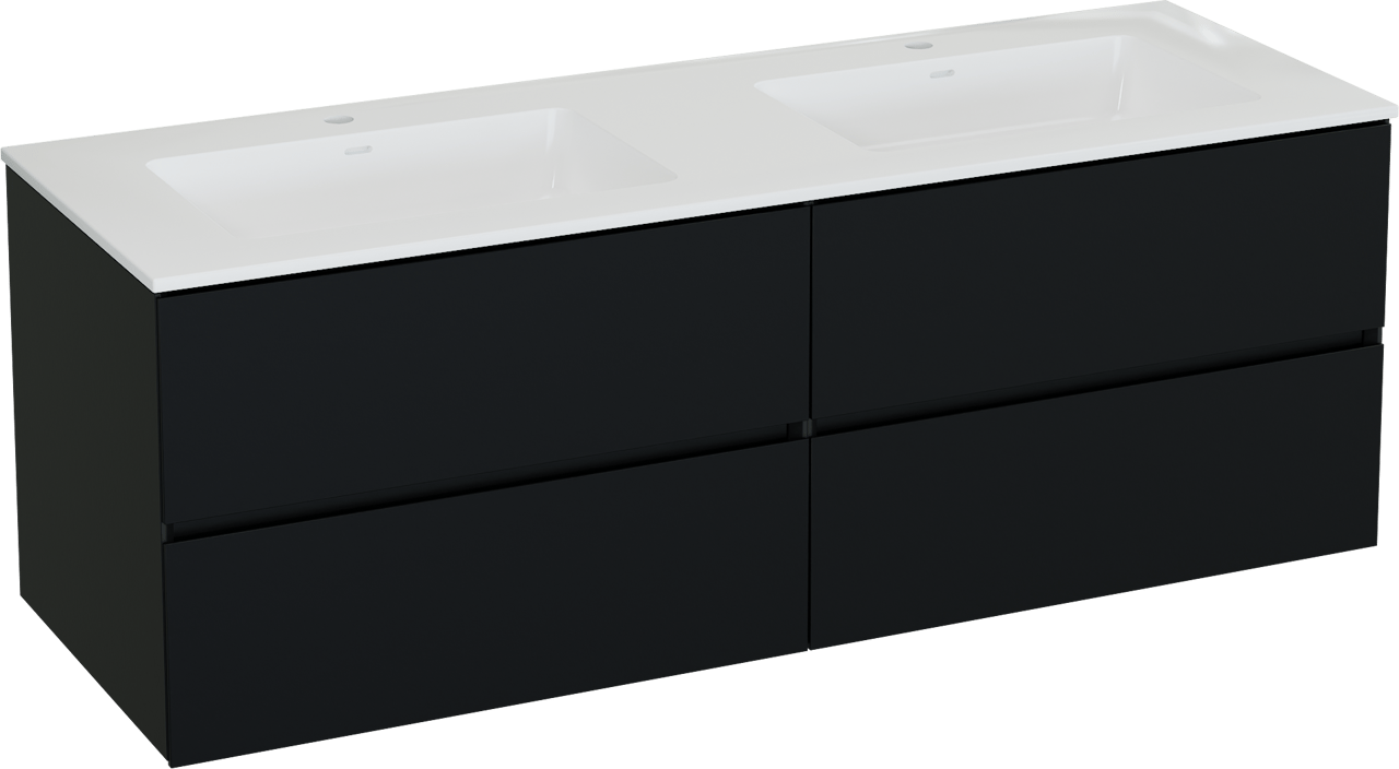 Storke Edge meuble salle de bains suspendu 150 x 52 cm noir mat avec Bilia double vasque en marbre composite blanc brillant