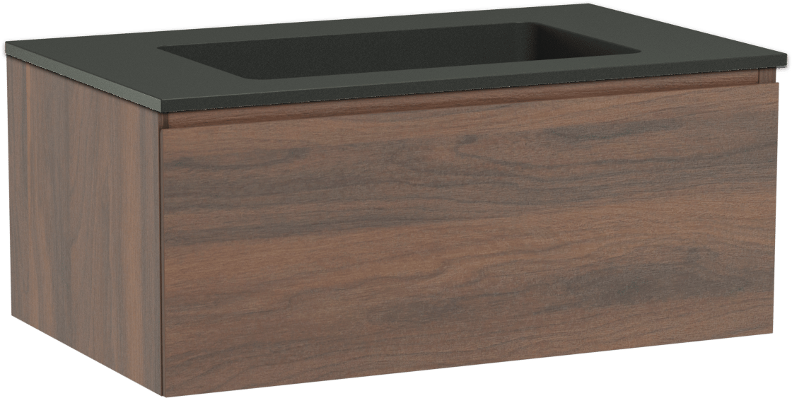 Storke Edge zwevend badmeubel 85 x 52 cm notenhout met Scuro enkele wastafel in kwarts mat zwart