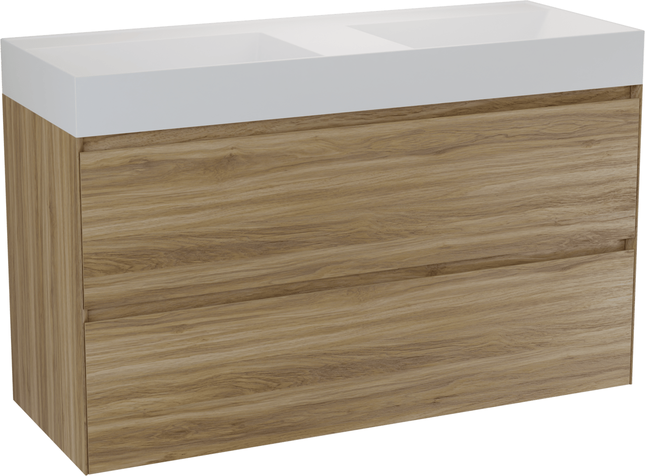 Balmani Mitra Compact meuble salle de bains suspendu 120 x 46 cm chêne sauvage avec Argila double vasque en marbre composite blanc mat