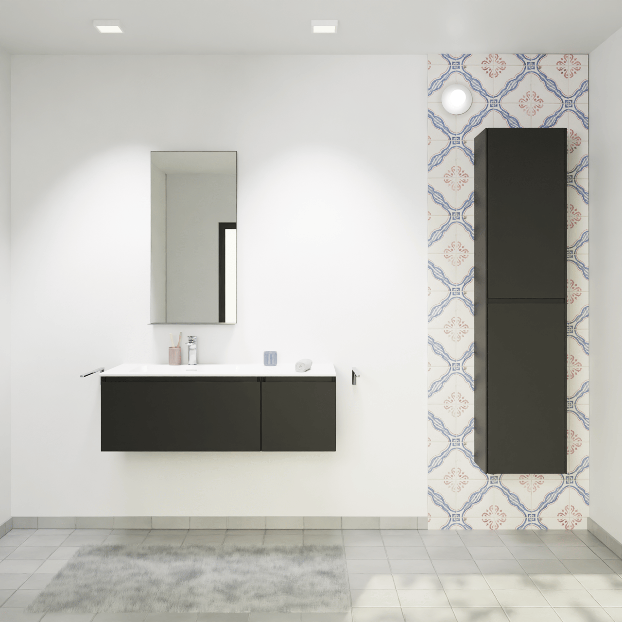 Storke Edge hängendes Möbelstück Set: 110 x 52 cm, Schwarz matt, mit Mata Waschtisch links, Solid Surface Weiß matt