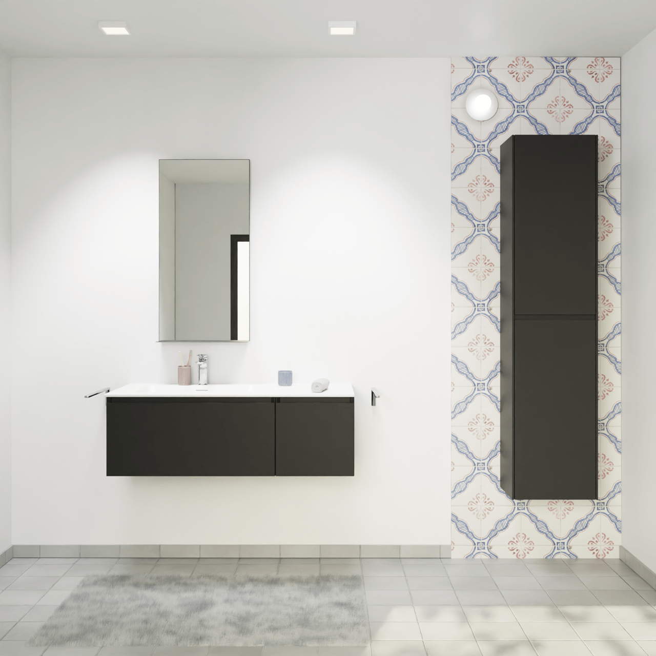 Storke Edge zwevend badmeubel 110 x 52 cm mat zwart met Mata asymmetrisch linkse wastafel in solid surface mat wit