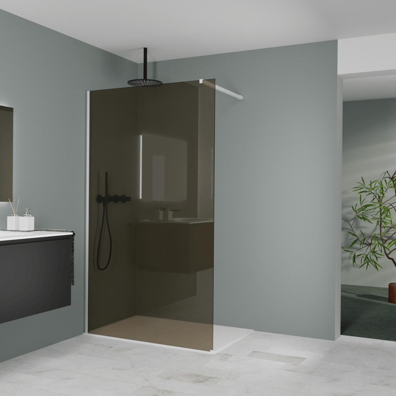 Balmani Modular Walk-In Dusche: 120 x 200 cm, Bronze Glas, inklusive Coating, Profil Weiß matt
