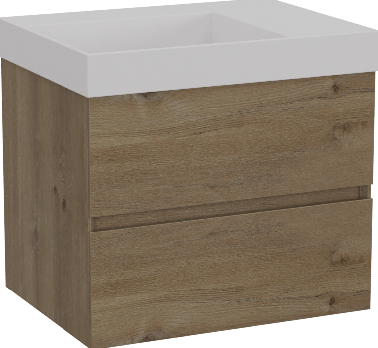 Storke Edge hängendes Möbelstück Set: 60 x 46 cm, Rohe Eiche, mit Jura Waschtisch links, Solid Surface Weiß matt