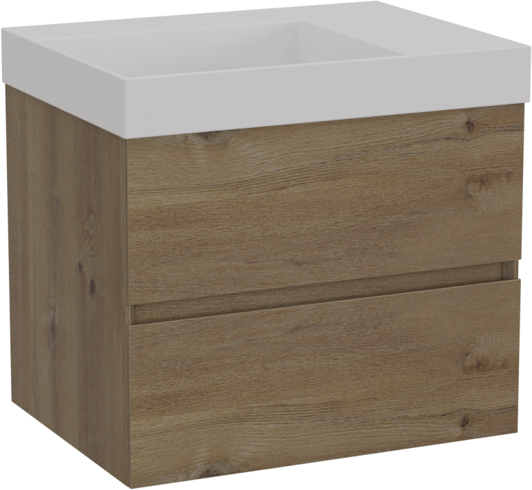 Storke Edge meuble salle de bains suspendu 60 x 46 cm chêne brut avec Jura vasque asymétrique gauche en solid surface blanc mat