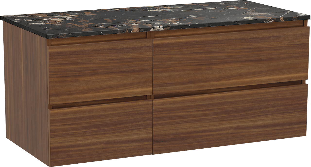 Balmani Lucida hängendes Möbelstück Set: 120 x 55 cm, Amerikanischer Nussbaum, mit Stretto Einzel Waschtischplatte, Marmor Portoro Gold