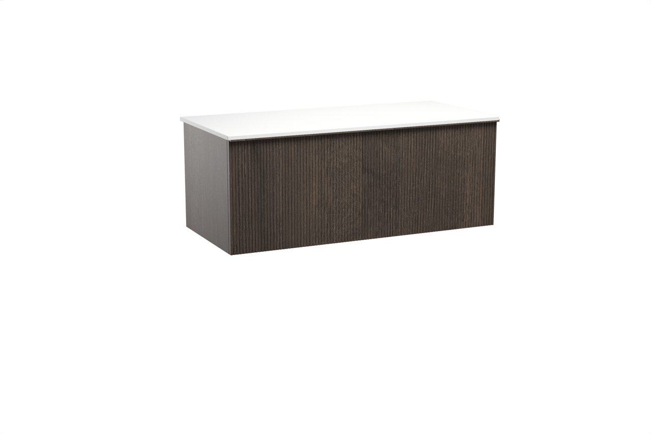 Balmani Forma hängendes Möbelstück Set: 120 x 55 cm, Geräucherte Eiche, mit Stretto Einzel- oder Doppel Waschtischplatte, Solid Surface, Weiß matt, Vertikale symmetrische gerade Rippe