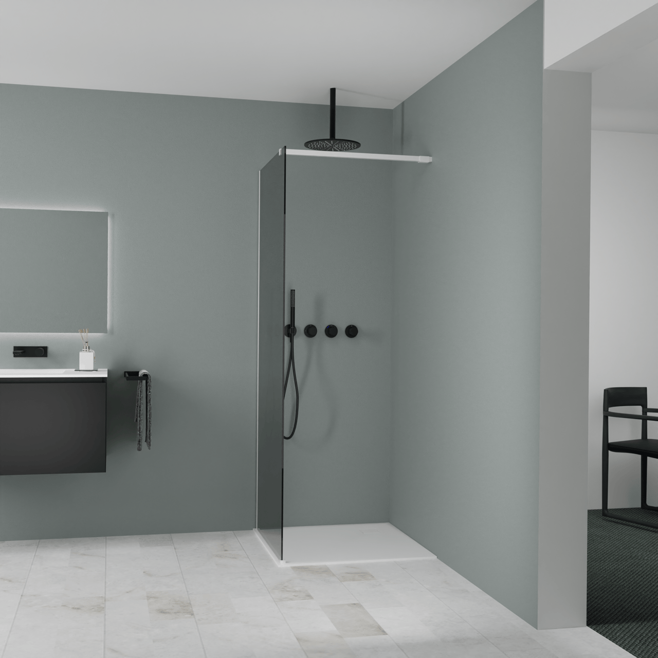 Balmani Modular douche à l'italienne: 80 x 200 cm, Miroir Reflex, avec coating, Profil Blanc mat