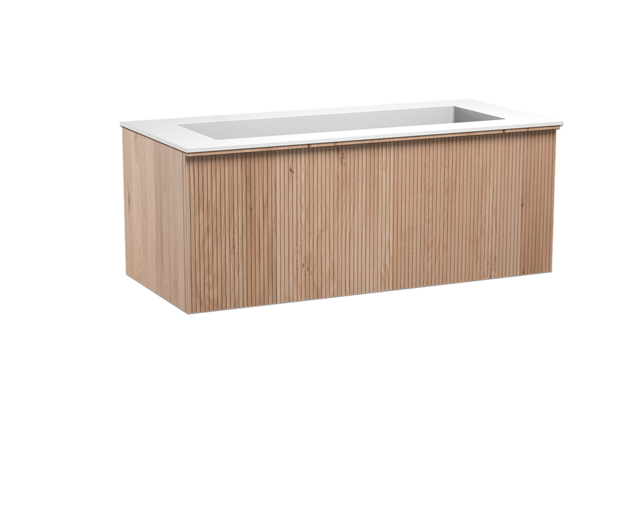 Balmani Forma hängendes Möbelstück Set: 120 x 55 cm, Naturbelassene Eiche, mit Tablo Stretto Einzelwaschtisch für 2 Armaturenlöcher, Solid Surface, Weiß matt, Vertikale symmetrische gerade Rippe