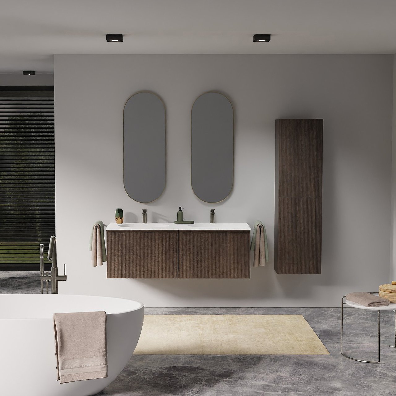 Balmani Forma hängendes Möbelstück Set: 135 x 55 cm, Geräucherte Eiche, mit Tablo Oval Doppelwaschtisch, Solid Surface, Weiß matt, Vertikale symmetrische gerade Rippe