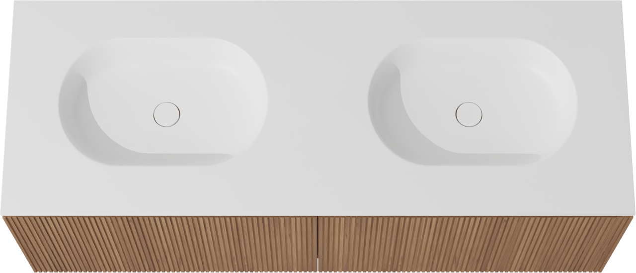 Balmani Eclips hängendes Möbelstück Set: 150 x 55 cm, Teak, mit Tablo Oval Doppelwaschtisch Solid Surface Weiβ matt, Vertikale symmetrische gerade Rippe