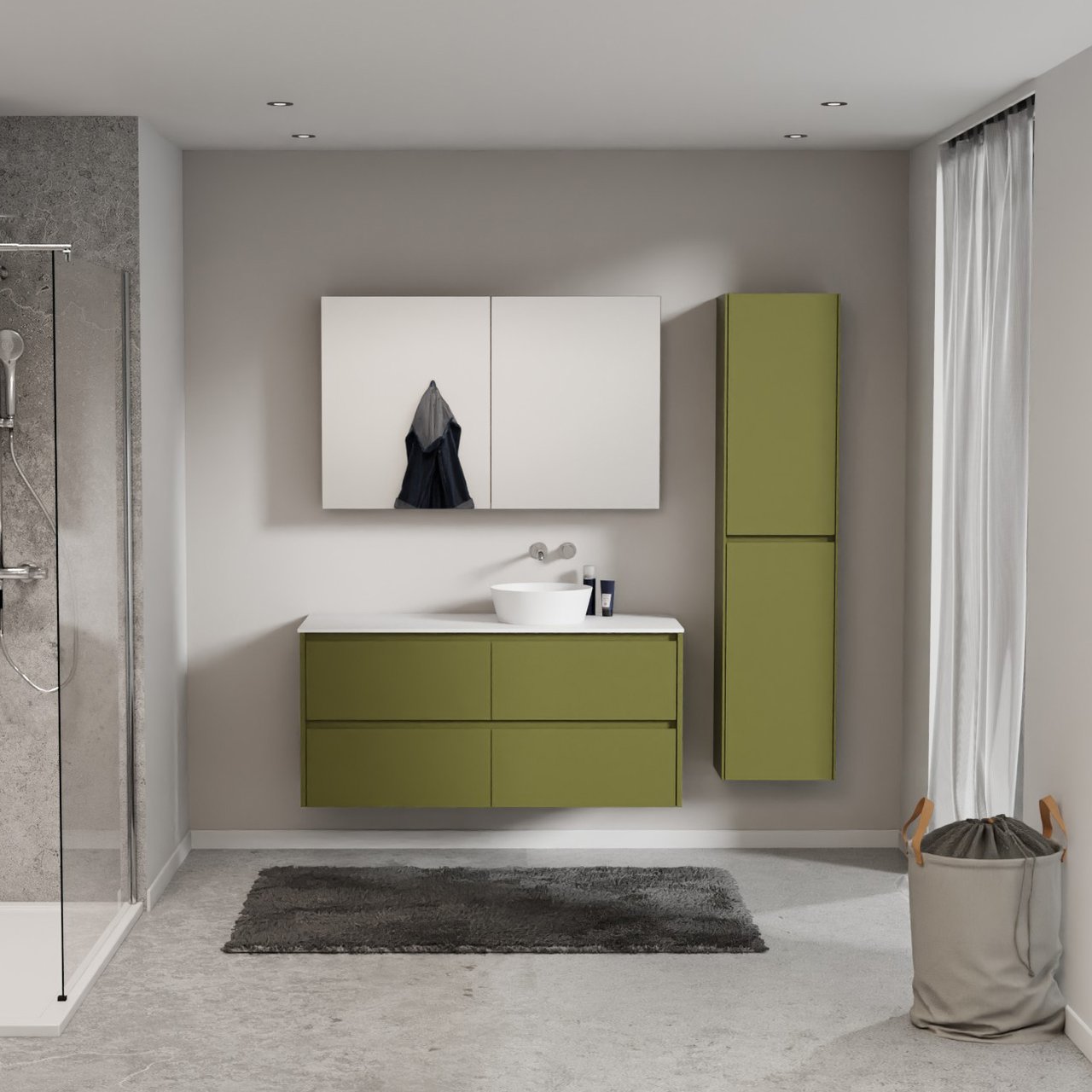 Storke Seda meuble salle de bains suspendu 130 x 52 cm vert olive avec Tavola tablette simple ou double en solid surface blanc mat
