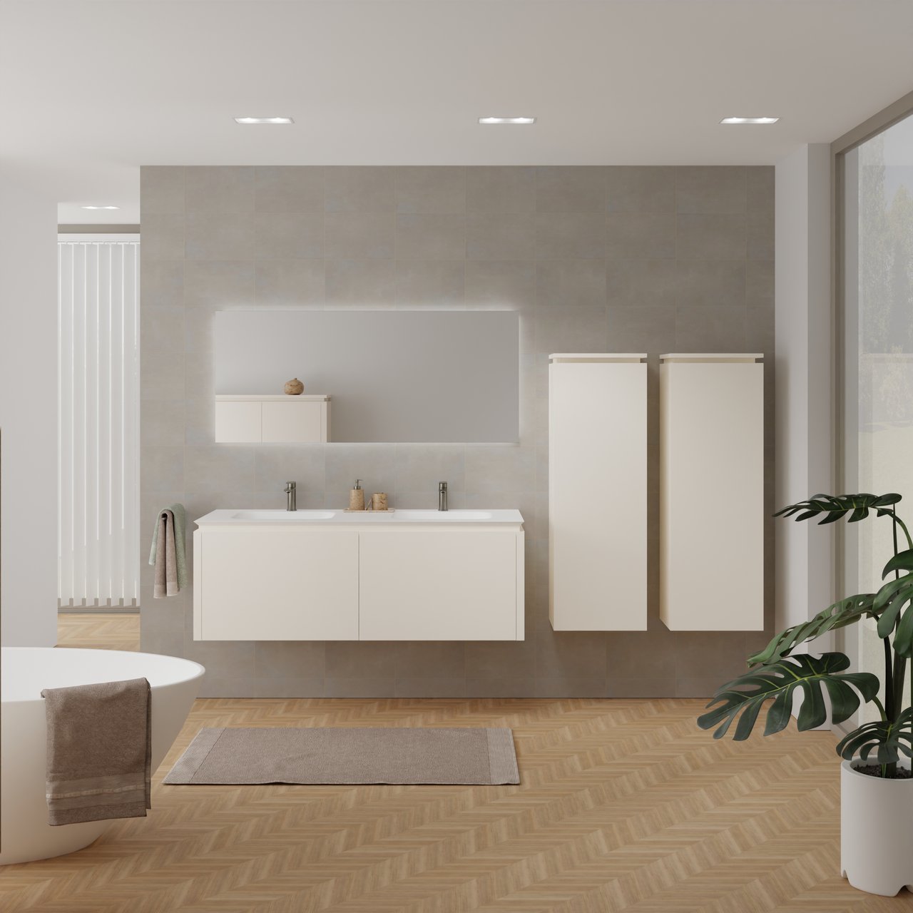 Balmani Eclips meuble salle de bains suspendu 150 x 55 cm Sandbeige avec Eclips double vasque vasque en Solid Surface blanc mat