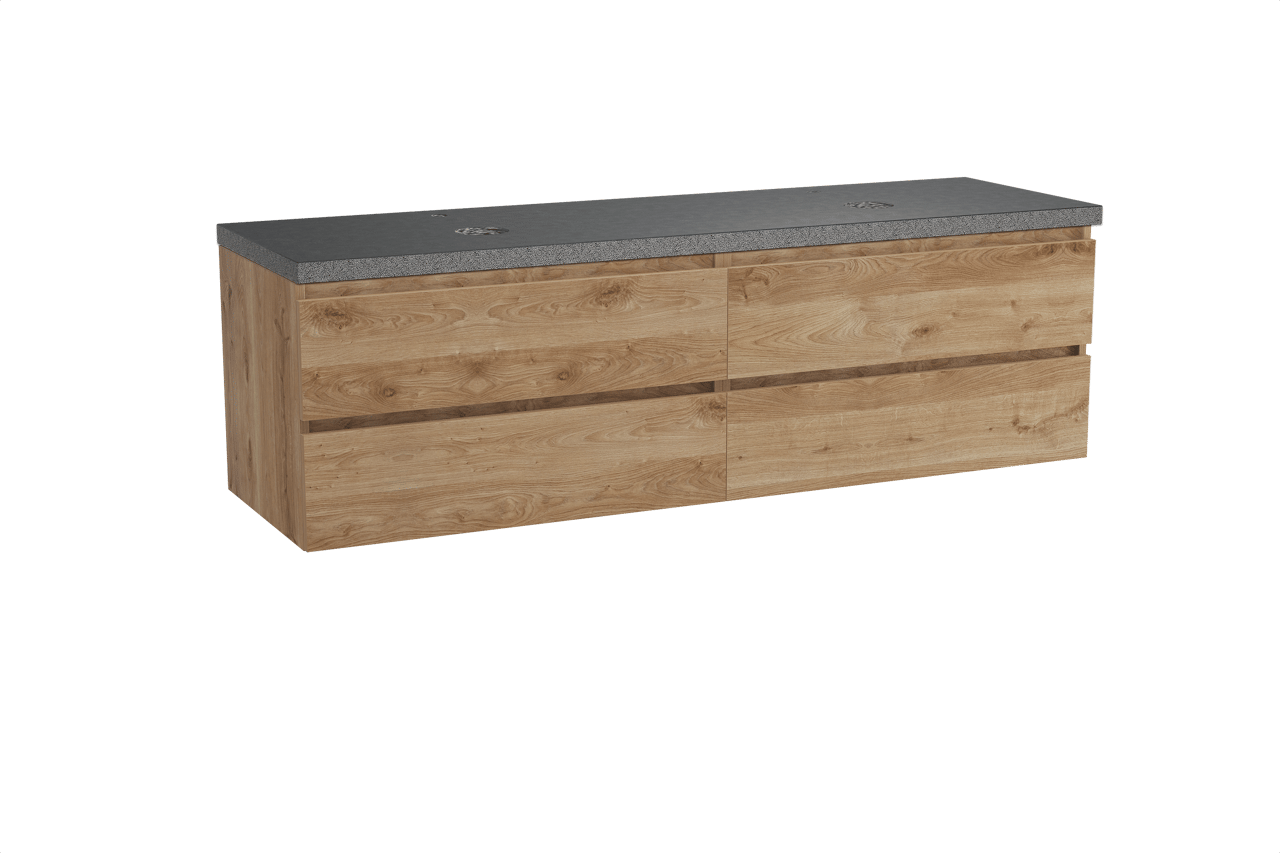 Balmani Lucida hängendes Möbelstück Set: 180 x 55 cm, Rohe Eiche, mit Rock Doppel Waschtischplatte, Schwarzes Granit