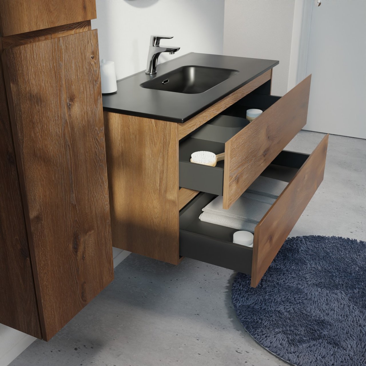 Linie Lado meuble salle de bains suspendu 100 x 46 cm chêne brun avec Baro plan simple en porcelaine noir mat