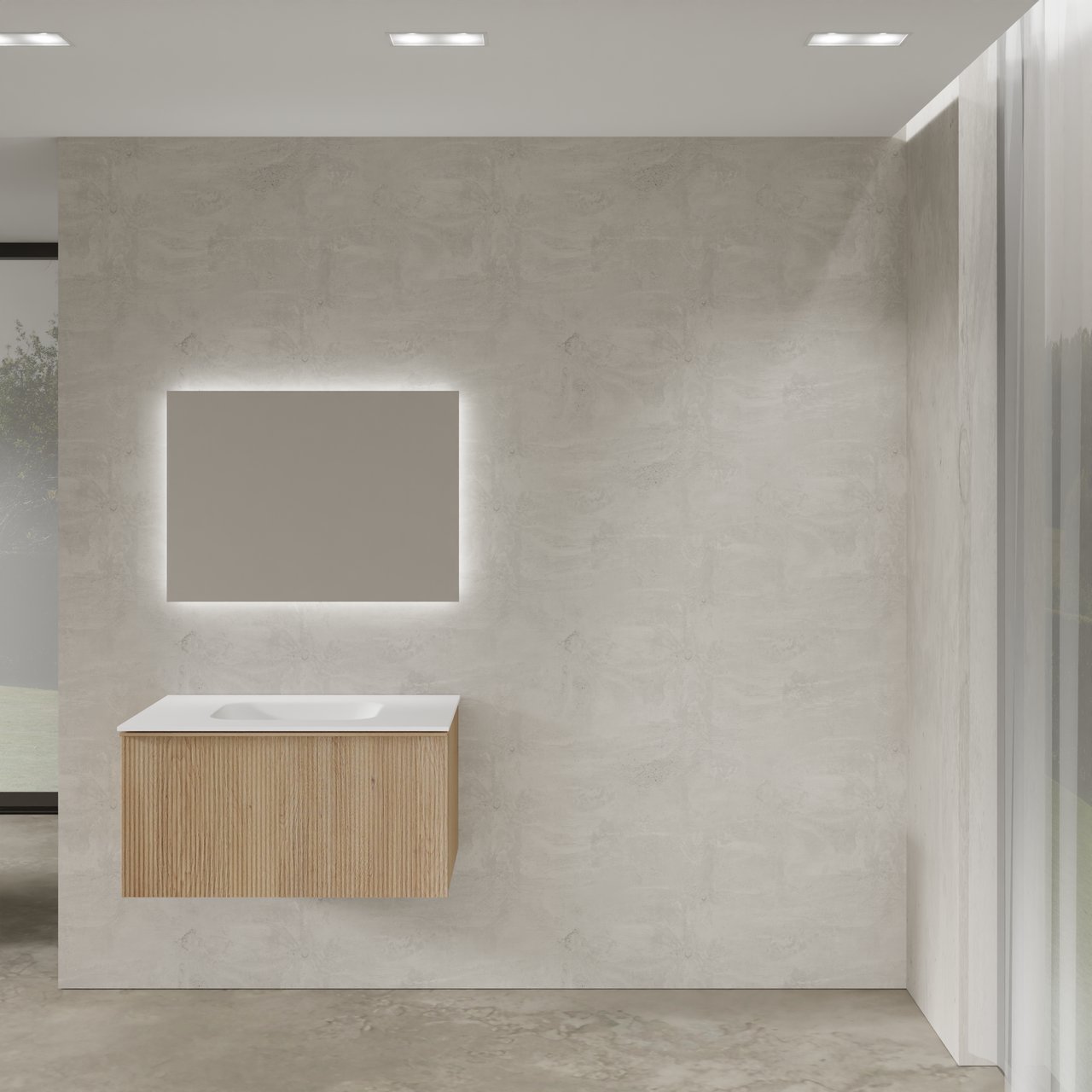 Balmani Forma meuble salle de bains suspendu 90 x 55 cm chêne naturel avec Tablo Arcato plan simple en solid surface blanc mat, Nervure droite symétrique verticale et Giro miroir
