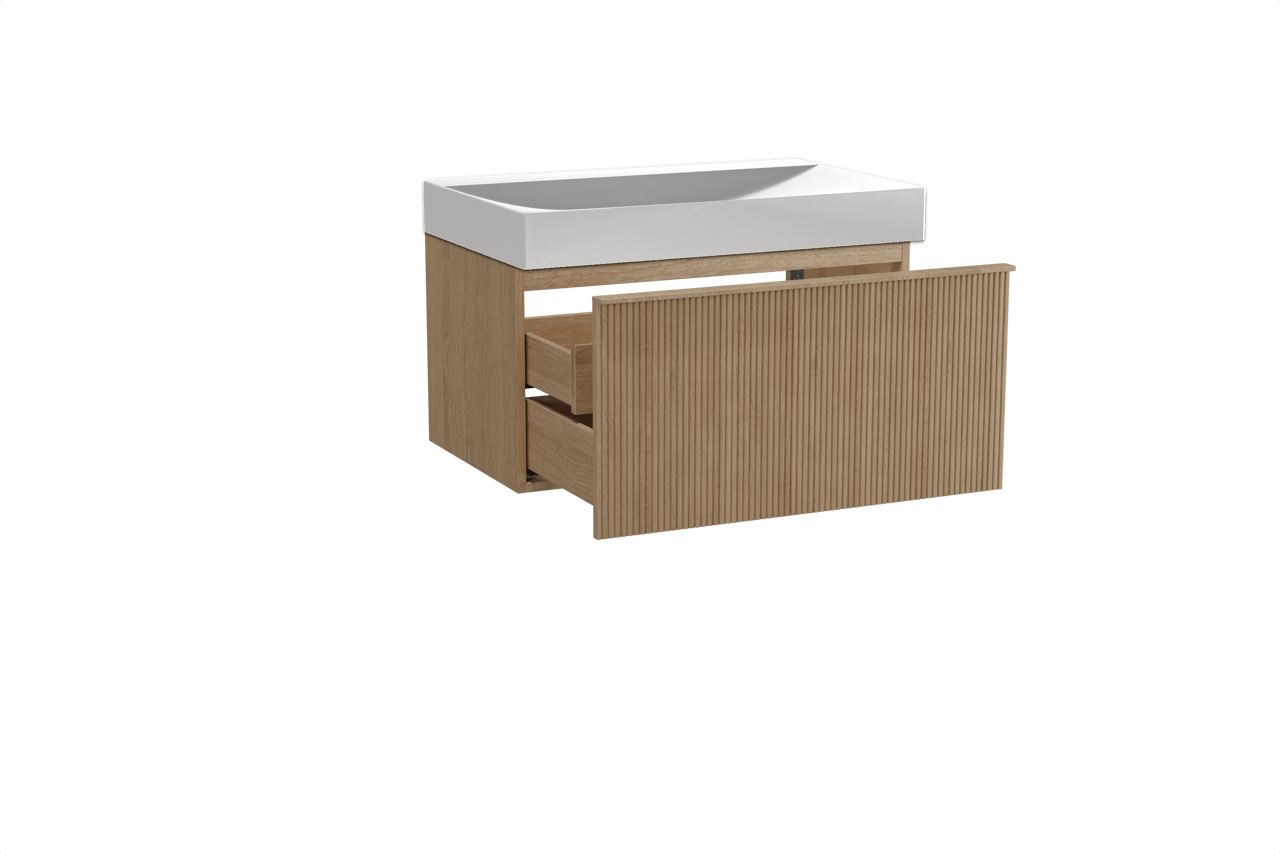 Balmani Forma hängendes Möbelstück Set: 90 x 55 cm, Naturbelassene Eiche, mit Wave Einzelwaschtisch, Solid Surface, Weiß matt, Vertikale symmetrische gerade Rippe