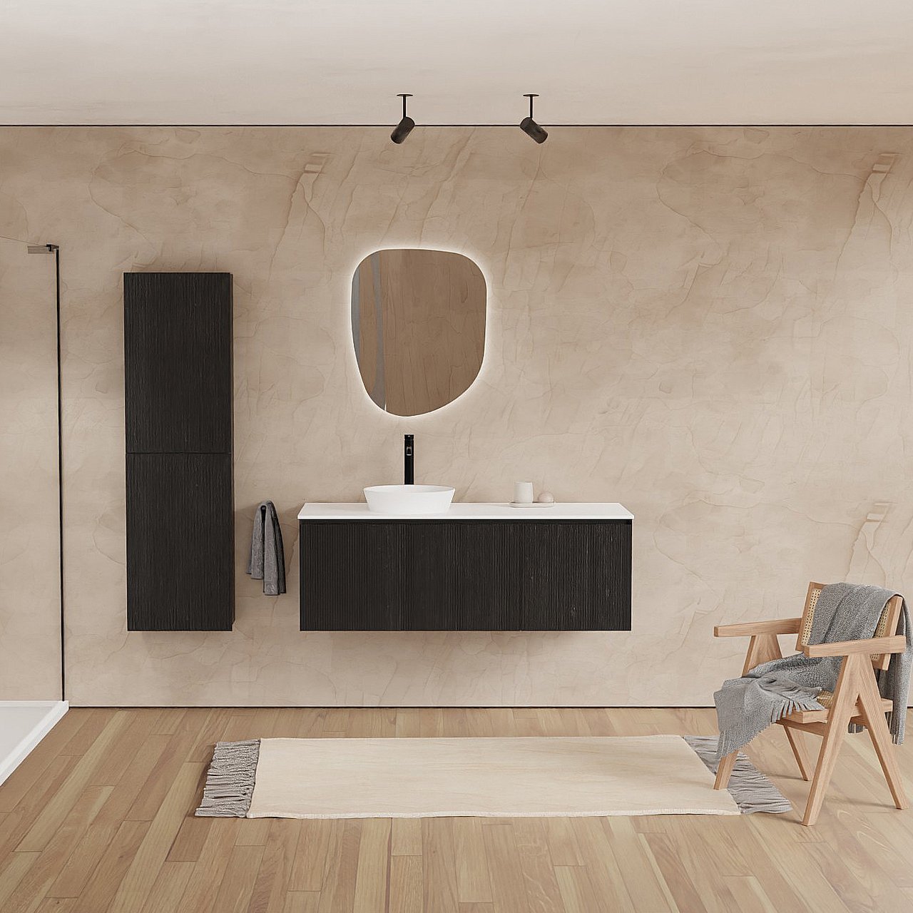 Balmani Fila meuble salle de bains suspendu 135 x 55 cm chêne noir avec Stretto tablette simple ou double en solid surface blanc mat, Nervure droite symétrique verticale