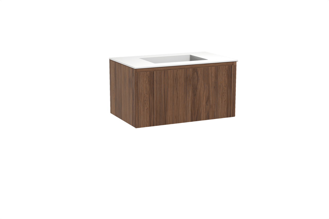 Balmani Fila hängendes Möbelstück Set: 90 x 55 cm, Nussbaum, mit Tablo Stretto Einzelwaschtisch, Solid Surface, Weiß matt, Vertikale symmetrische gerade Rippe