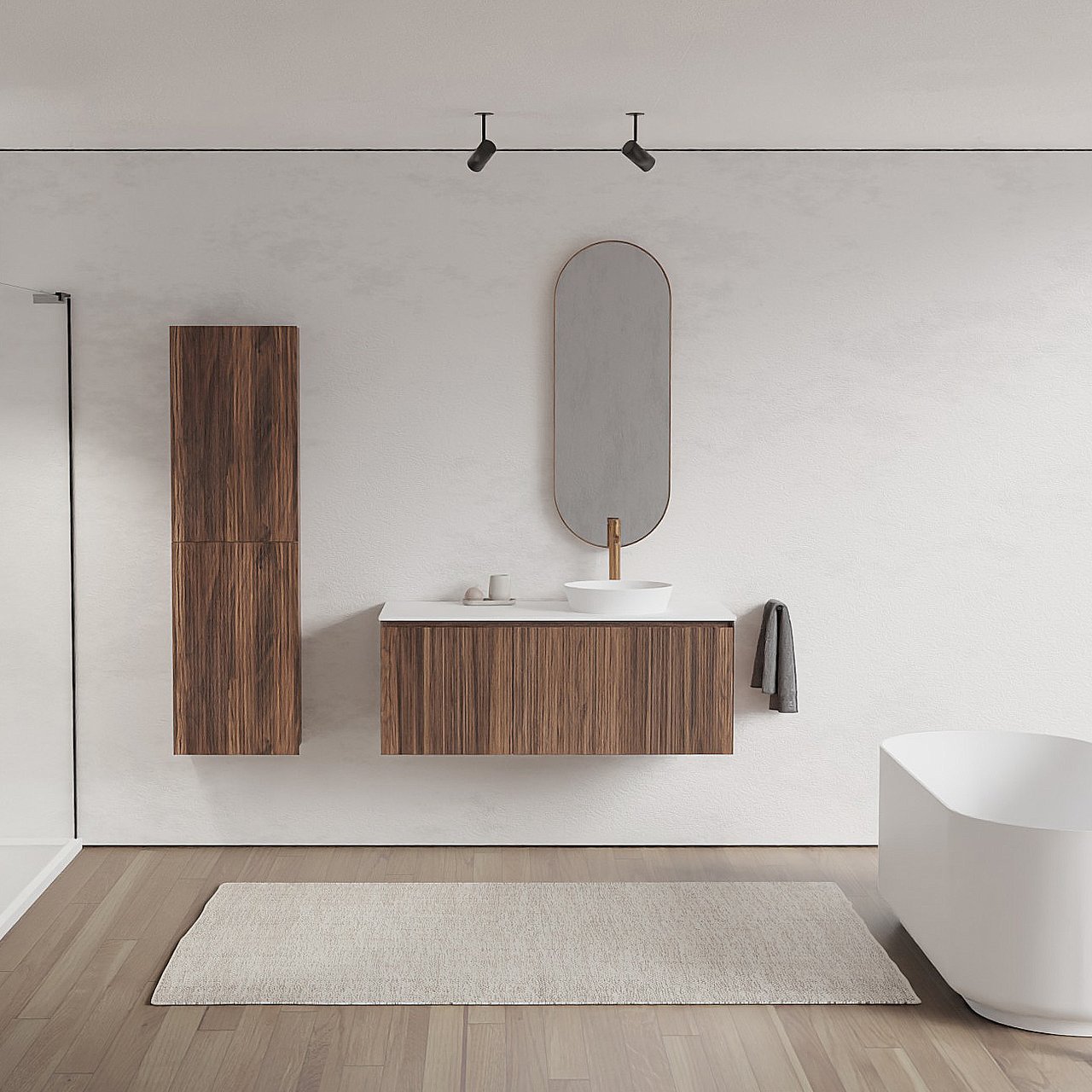 Balmani Fila zwevend badkamermeubel 120 x 55 cm notelaar met Stretto enkel of dubbel tablet in solid surface mat wit, Verticale symmetrische rechte ribbel