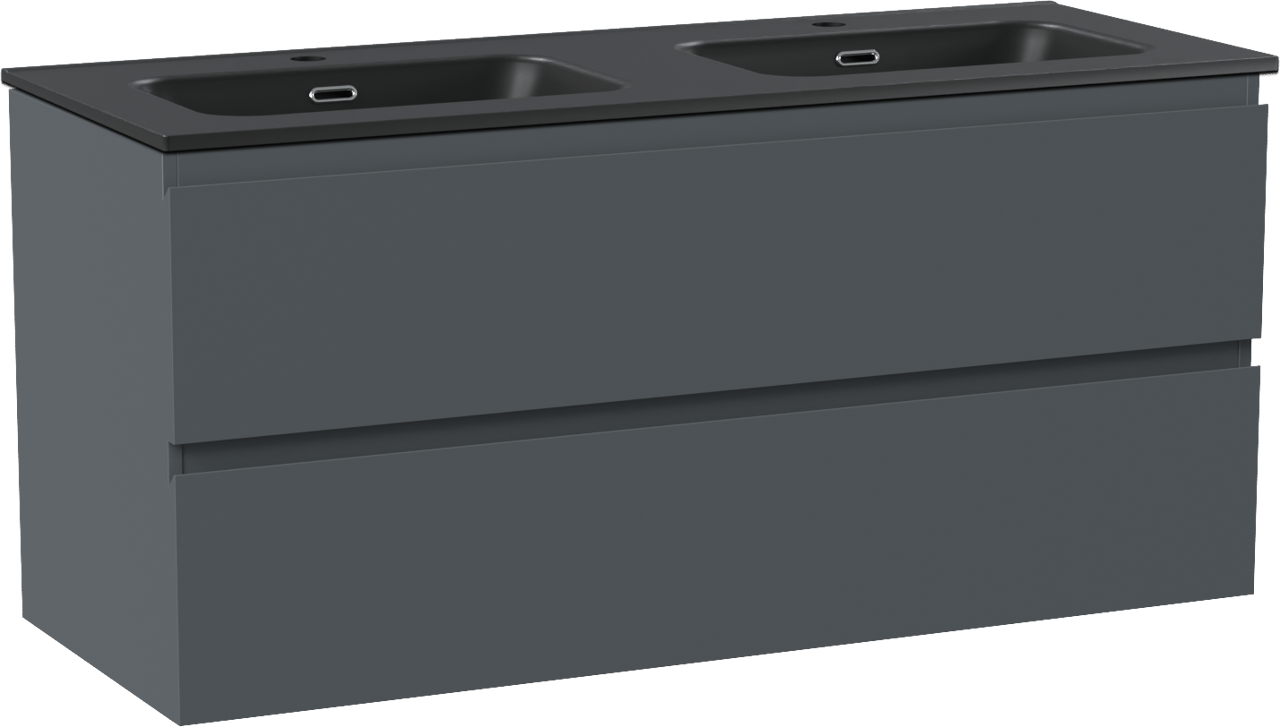 Linie Lado meuble salle de bains suspendu 120 x 46 cm bleu anthracite avec Baro double vasque en porcelaine noir mat