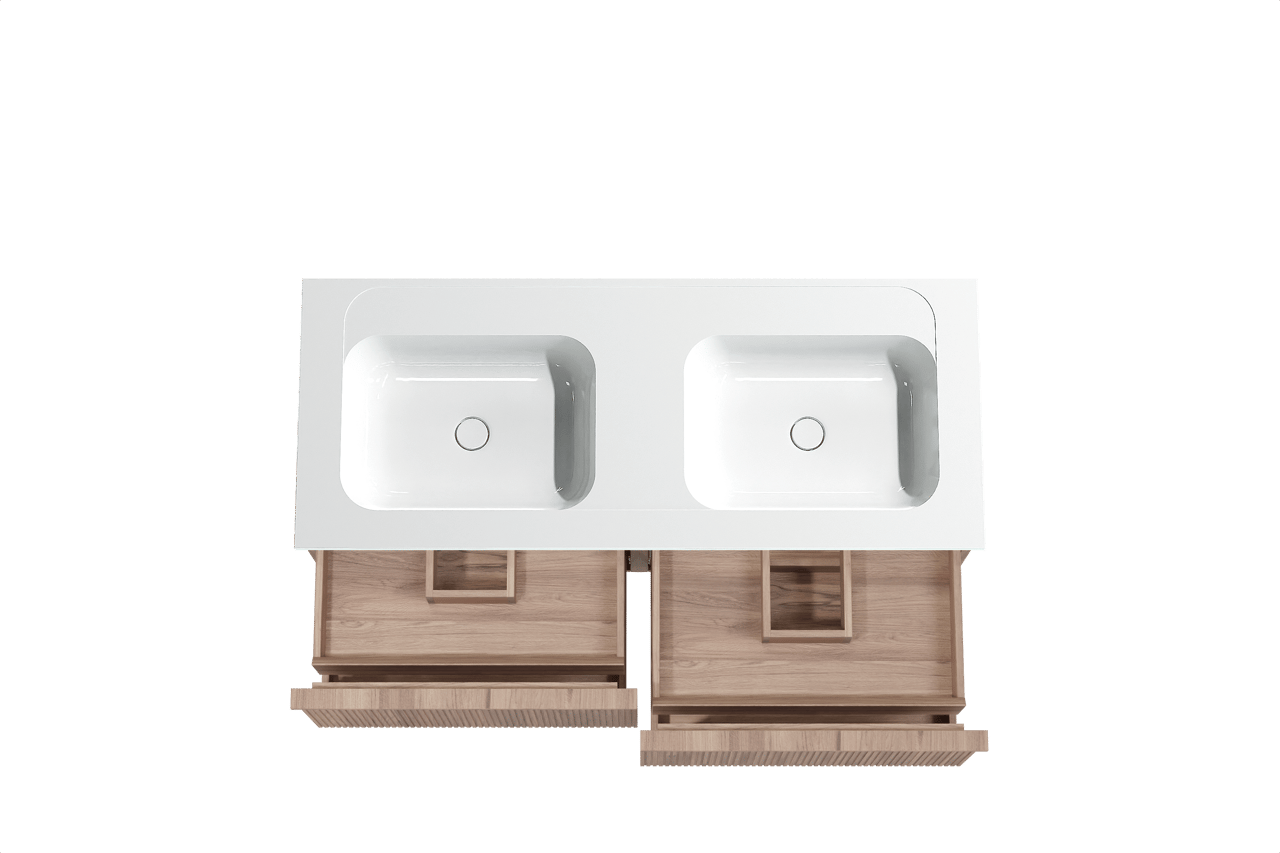 Balmani Forma meuble salle de bains suspendu 135 x 55 cm teck avec Tablo Strada double vasque en marbre composite blanc brillant, Nervure droite symétrique verticale