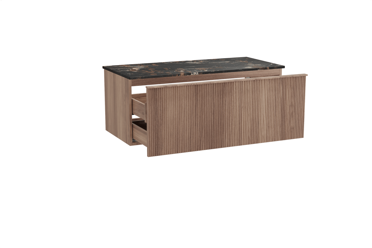 Balmani Forma hängendes Möbelstück Set: 120 x 55 cm, Teak, mit Stretto Einzel Waschtischplatte, Marmor, Portoro Gold, Vertikale symmetrische gerade Rippe