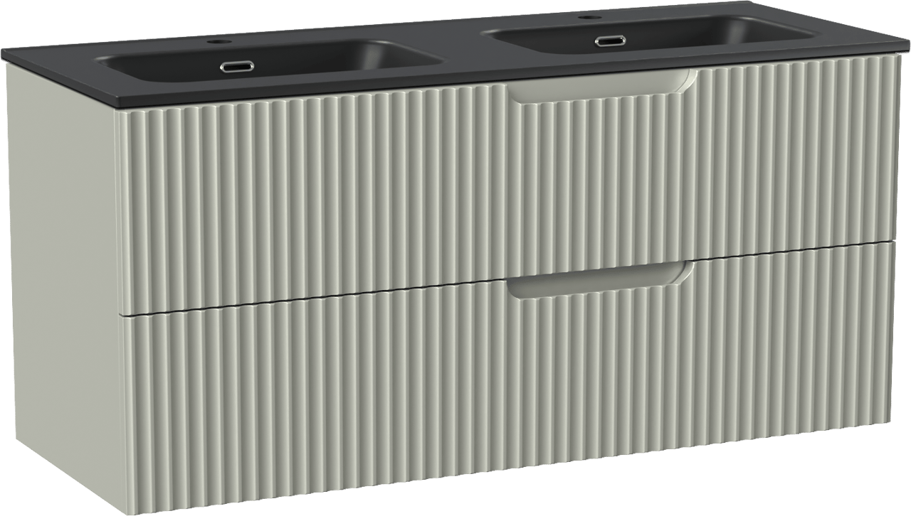 Linie Ribbo meuble salle de bains suspendu 120 x 46 cm greige avec Baro double vasque en porcelaine noir mat, Nervure circulaire symétrique verticale
