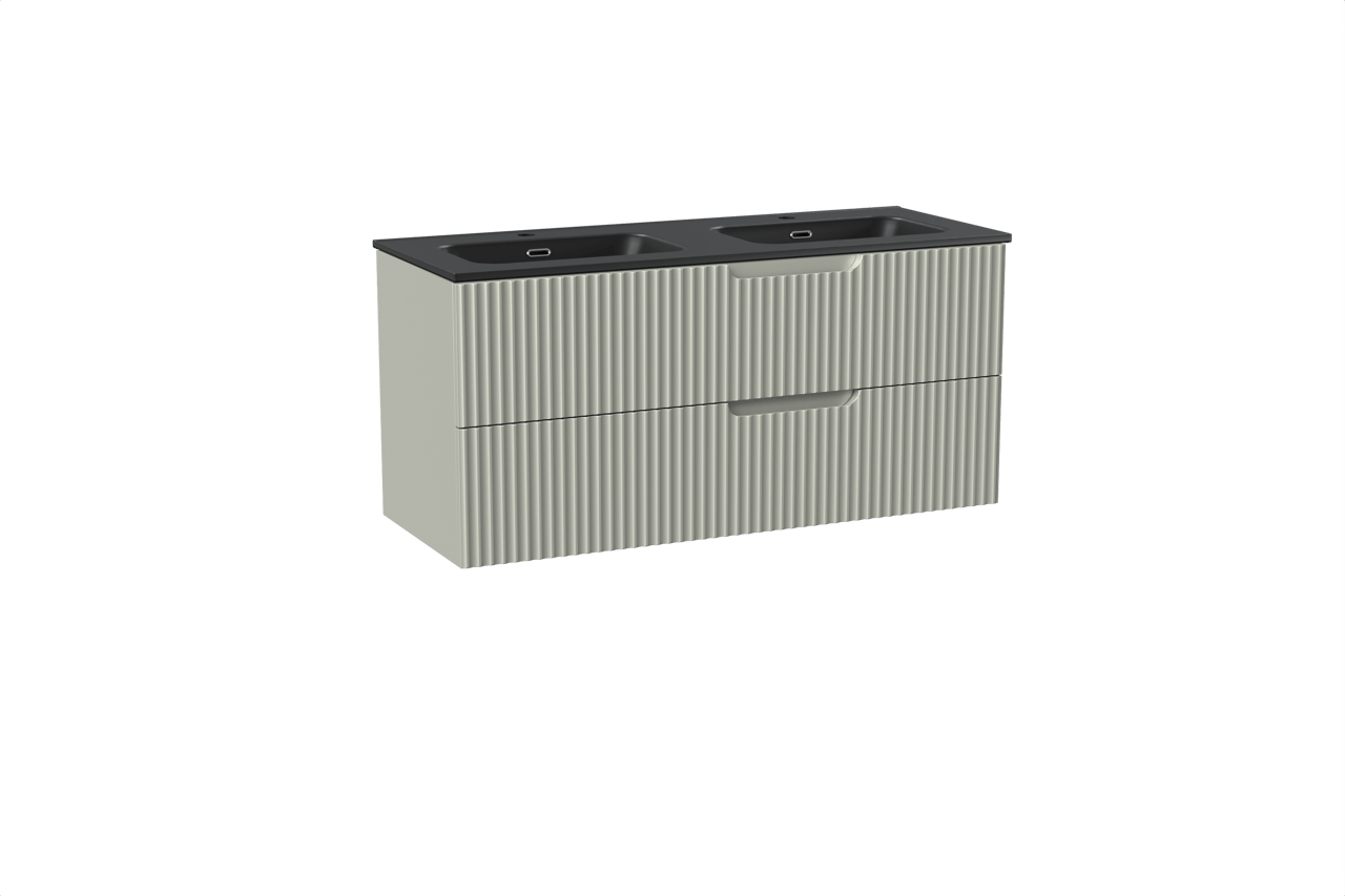 Linie Ribbo hängendes Möbelstück Set: 120 x 46 cm, Greige, mit Baro Doppelwaschtisch, Porzellan, Schwarz matt, Vertikale symmetrische runde Rippe