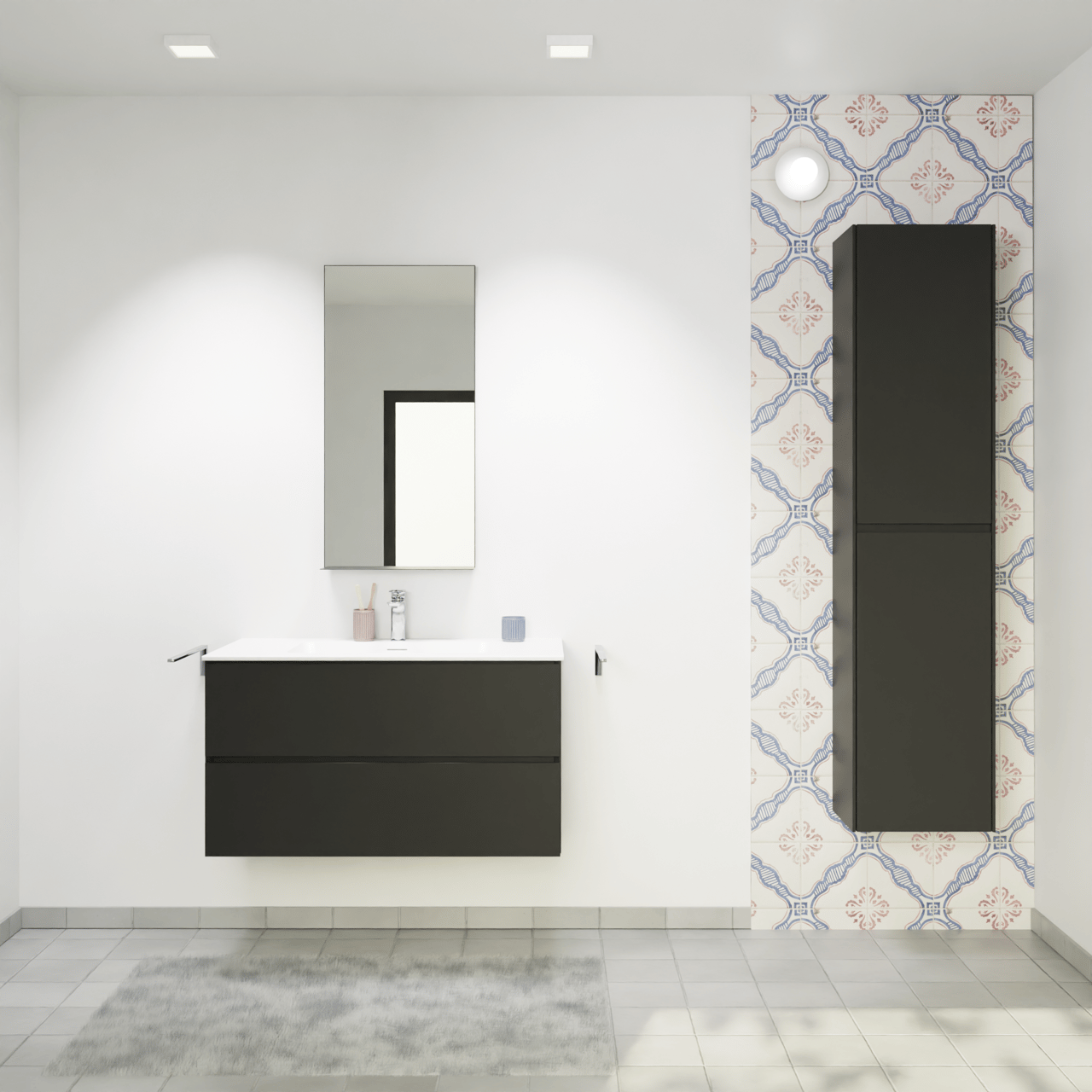 Storke Edge hängendes Möbelstück Set: 95 x 52 cm, Schwarz matt, mit Mata Einzelwaschtisch, Solid Surface Weiß matt