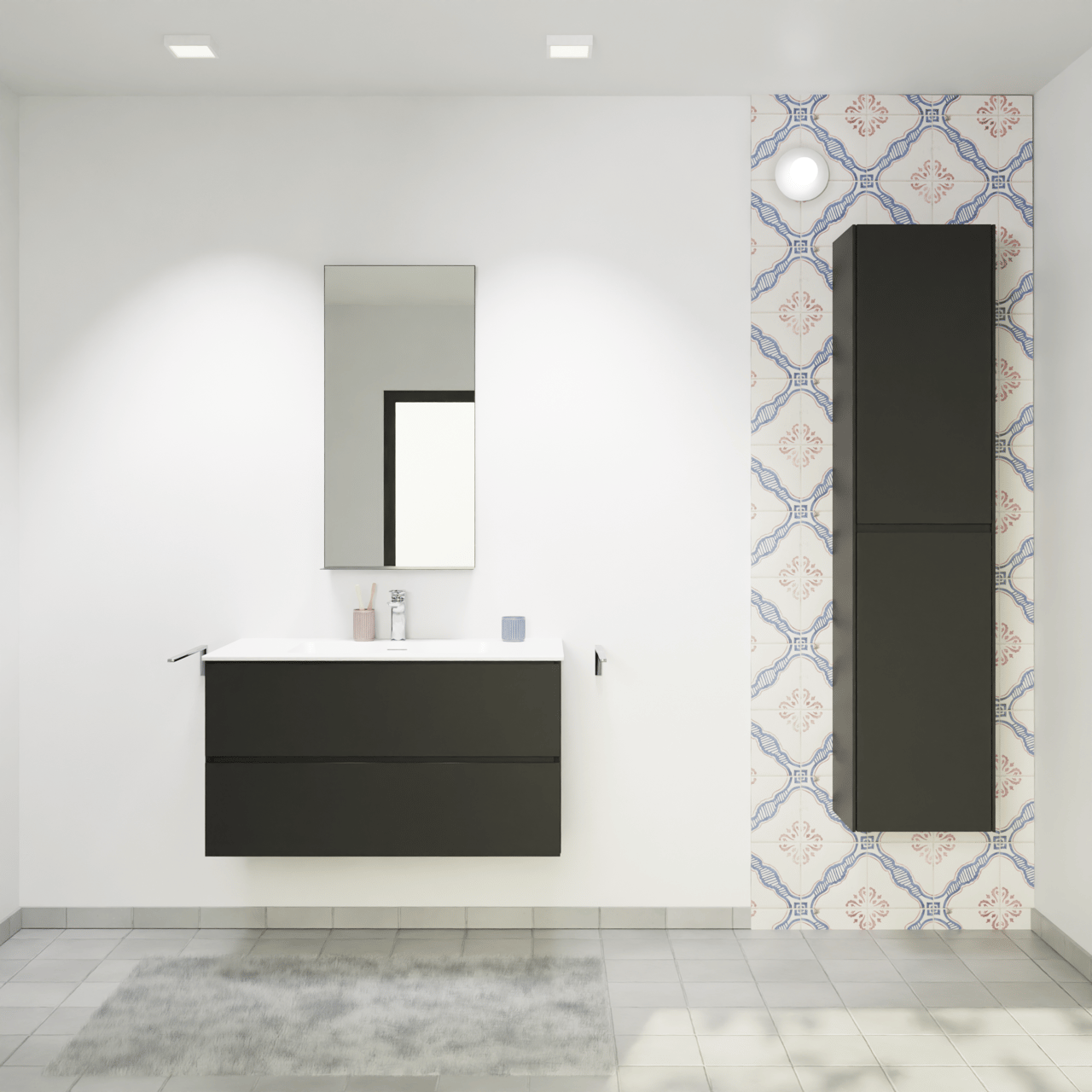 Storke Edge zwevend badmeubel 95 x 52 cm mat zwart met Mata enkele wastafel in solid surface mat wit