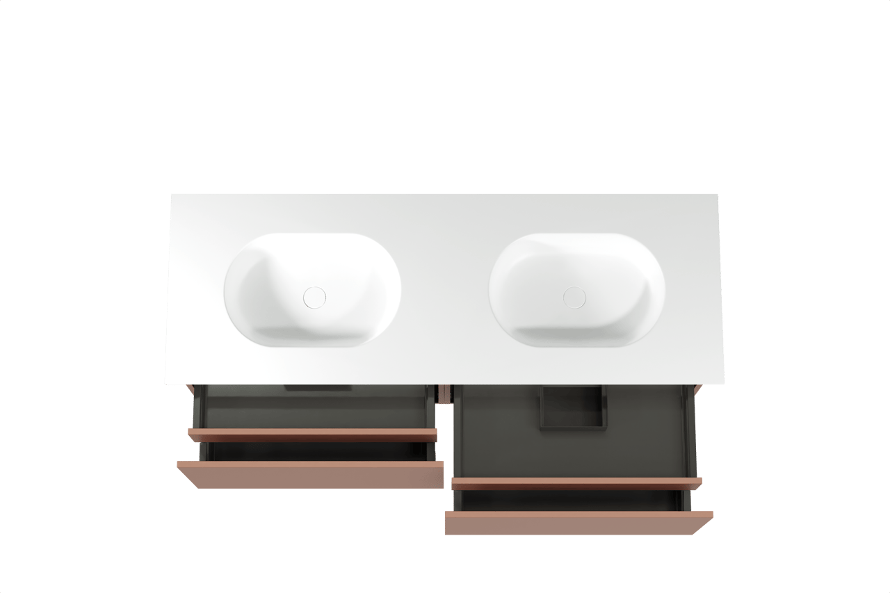 Balmani Sfera zwevend badkamermeubel 150 x 55 cm cotto met Tablo Oval dubbele wastafel in solid surface mat wit