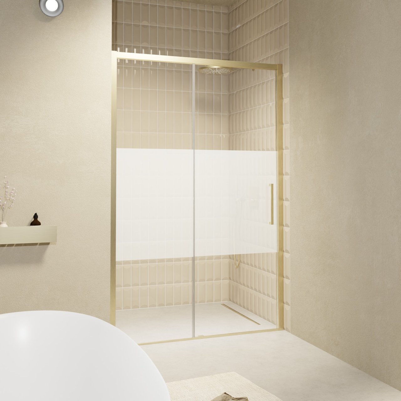 Balmani Senses Design douche schuifdeur links 140 cm x 210 cm Helder glas met matte strook glas, Brushed Champagne Gold profielen