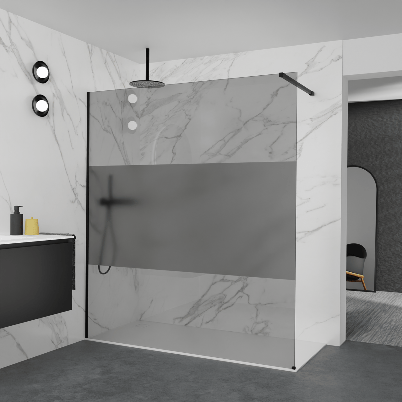 Balmani Modular douche à l'italienne: 180 x 200 cm, Verre fumé avec bande matte, Profil Noir mat