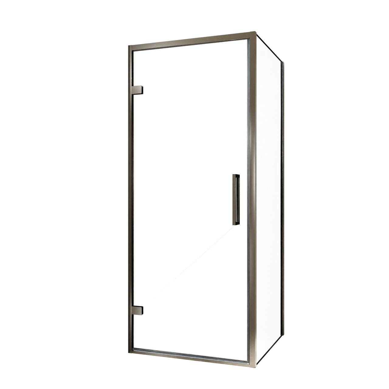 Balmani Senses Design douche en coin avec porte pivotante à gauche et paroi latérale fixe, 90 x 70 cm, Verre transparent, Profil Brushed GunMetal, coating inclus, coating inclus