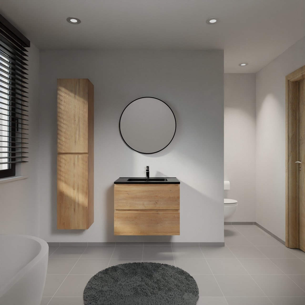 Linie Lado meuble salle de bains suspendu 70 x 46 cm chêne naturel avec Vano plan simple en marbre composite noir mat