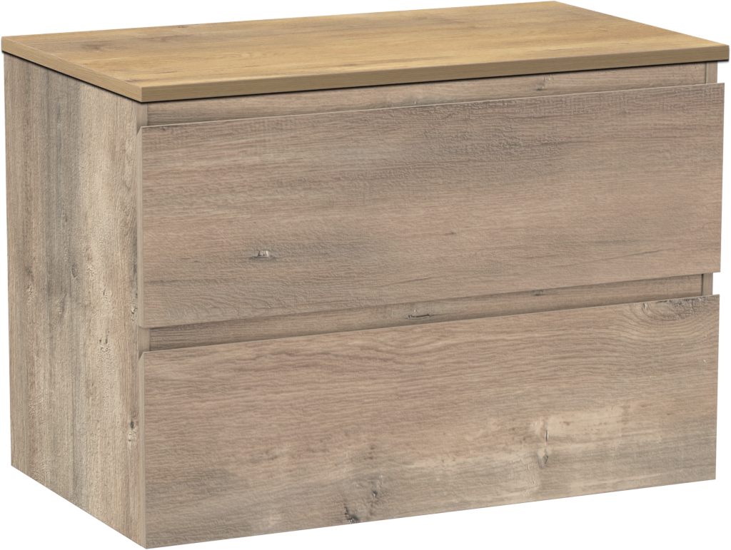 Linie Lado hängendes Möbelstück Set: 80 x 46 cm, Graue Eiche, mit Lado Einzel Waschtischplatte, Melamin Naturbelassene Eiche