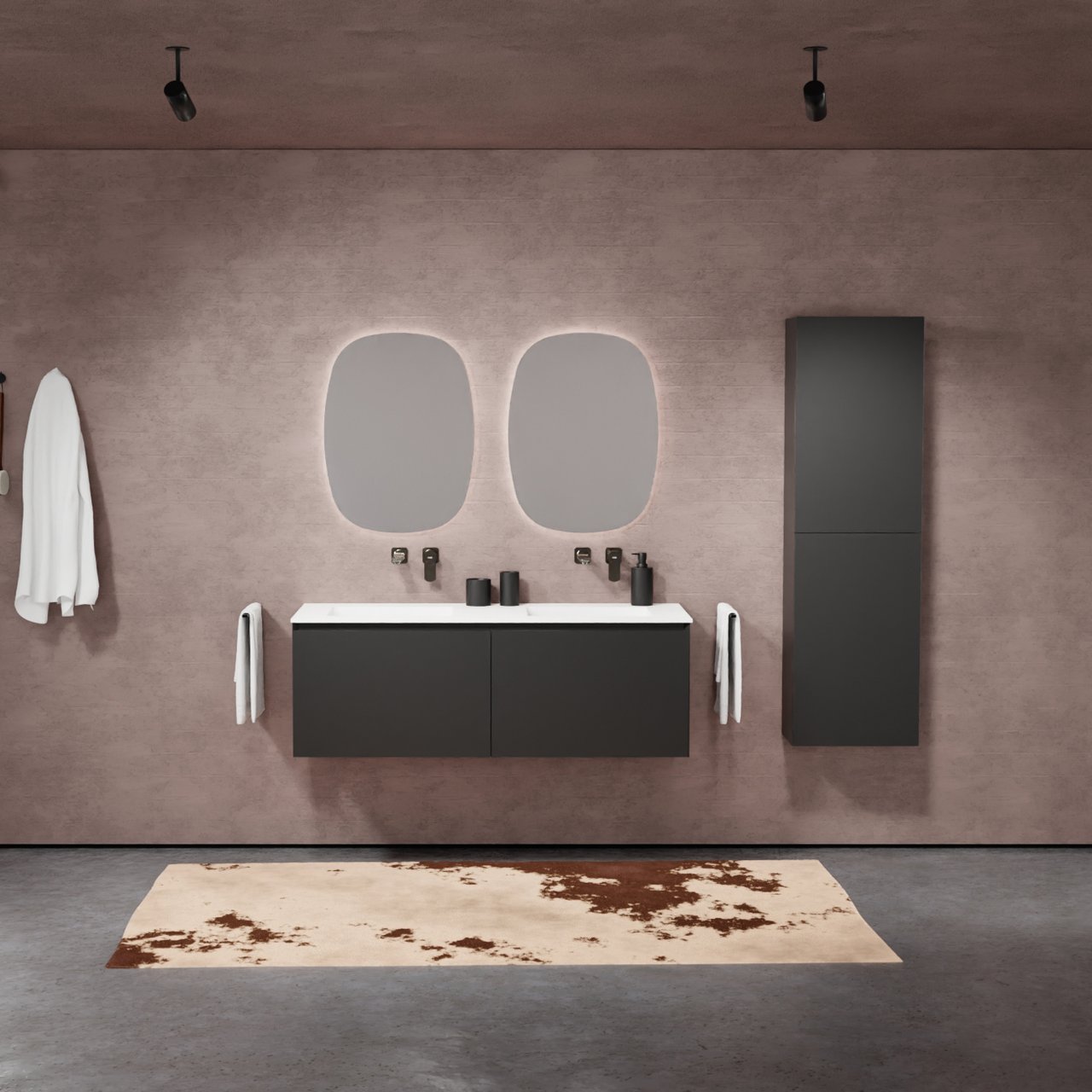 Balmani Idra meuble salle de bains suspendu 135 x 55 cm noir mat avec Tablo Arcato double vasque en solid surface blanc mat