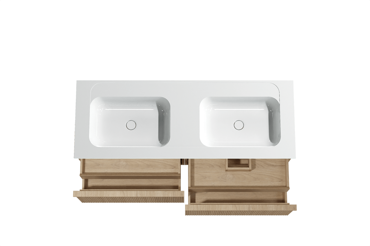 Balmani Forma hängendes Möbelstück Set: 150 x 55 cm, Naturbelassene Eiche, mit Tablo Strada Doppelwaschtisch, Marmorkomposit, Weiß glänzend, Vertikale symmetrische gerade Rippe