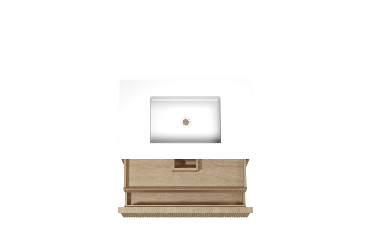 Balmani Forma zwevend badkamermeubel 90 x 55 cm natuur eik met Tablo Stretto enkele wastafel in solid surface mat wit, Verticale symmetrische rechte ribbel
