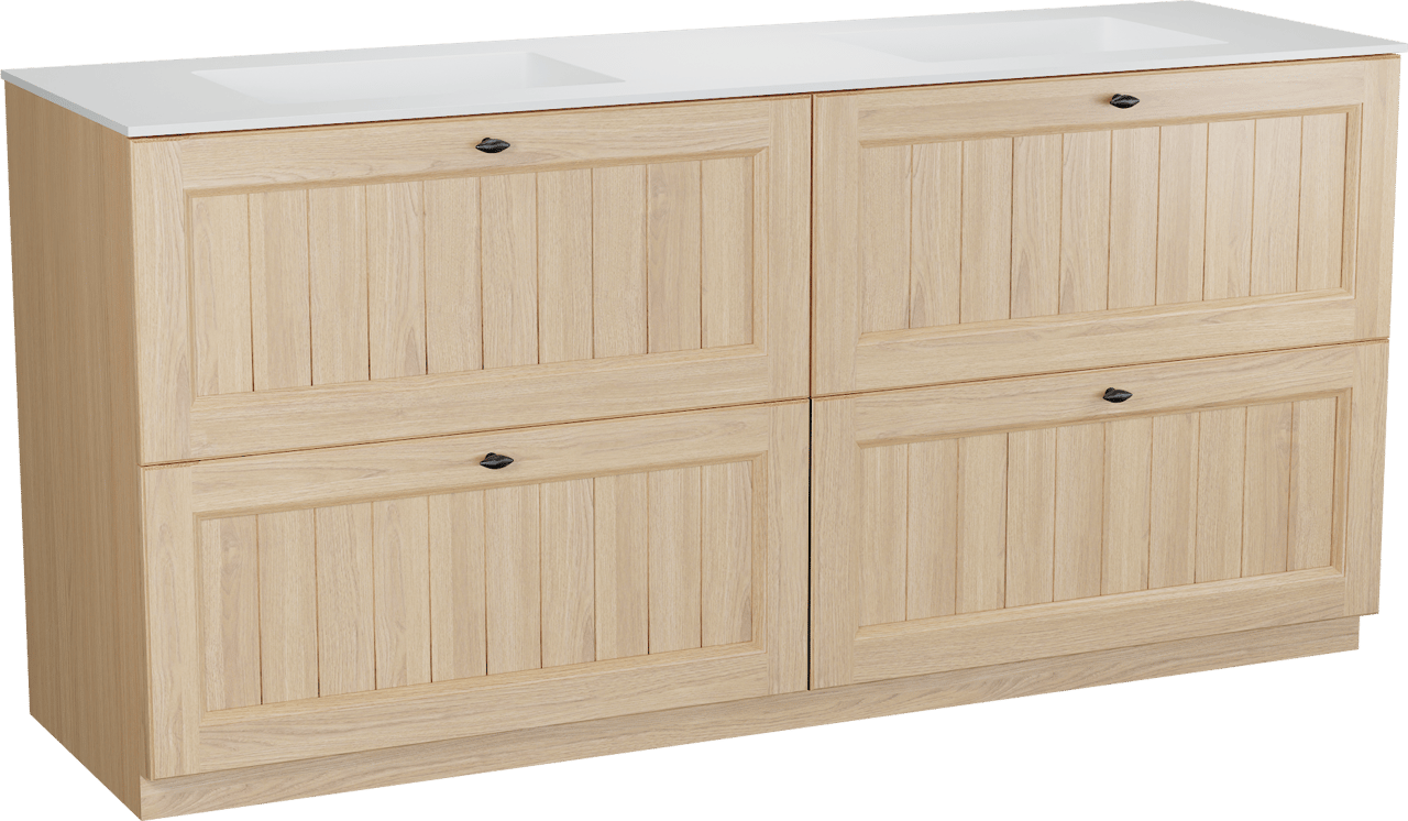 Balmani Lemon freistehendes Möbelstück Set: 180 x 55 cm, Naturbelassene Eiche Furnier, mit Tablo Stretto Doppelwaschtisch, Weiß matt