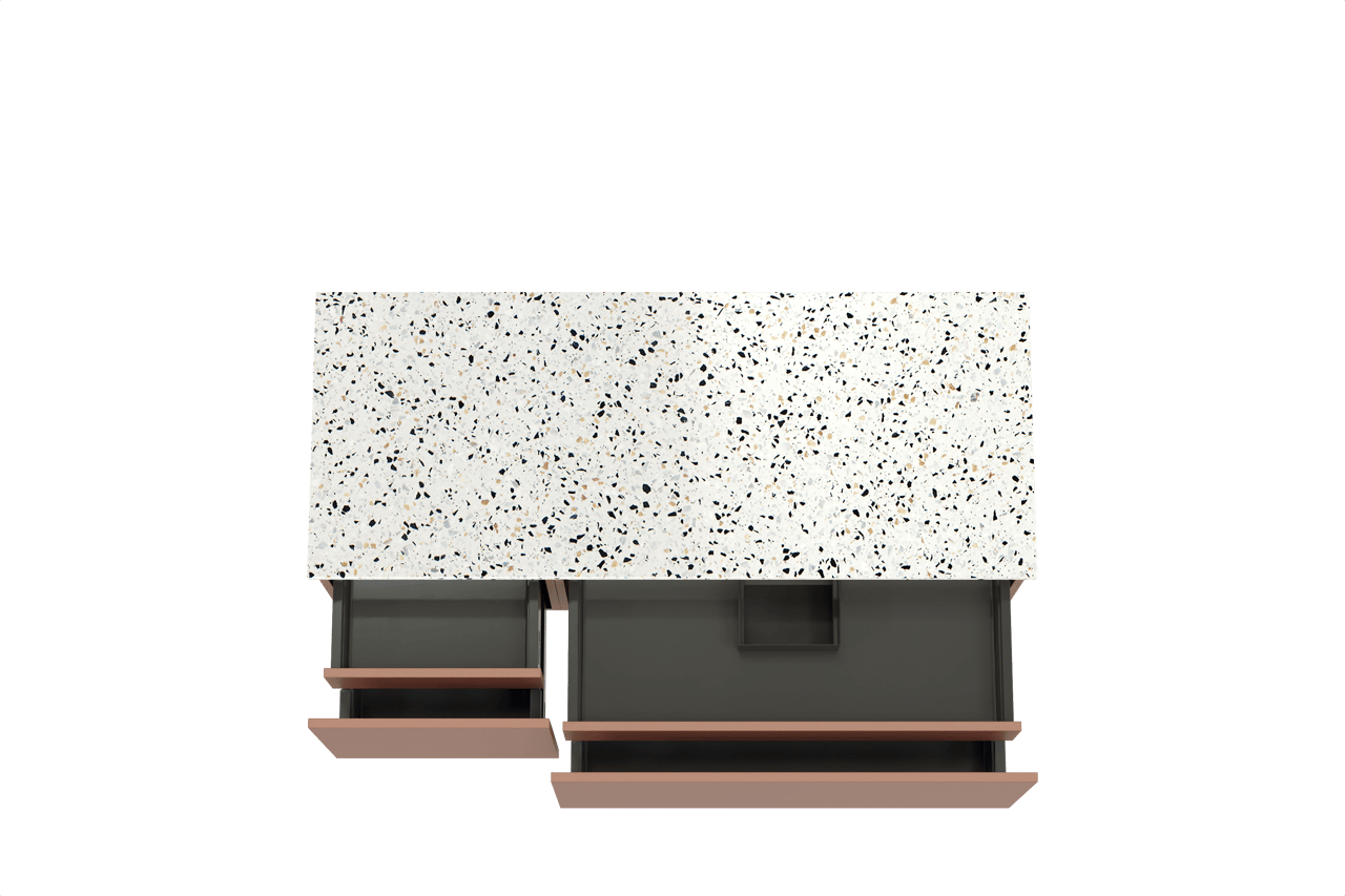 Balmani Sfera hängendes Möbelstück Set: 135 x 55 cm, Cotto, mit Stretto Einzel- oder Doppel Waschtischplatte, Terrazzo in Weiß/Schwarz matt